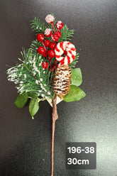 Crenguță artificială de Crăciun cu con, acadea și bobițe roșii, 30 cm, set 10 bucăți